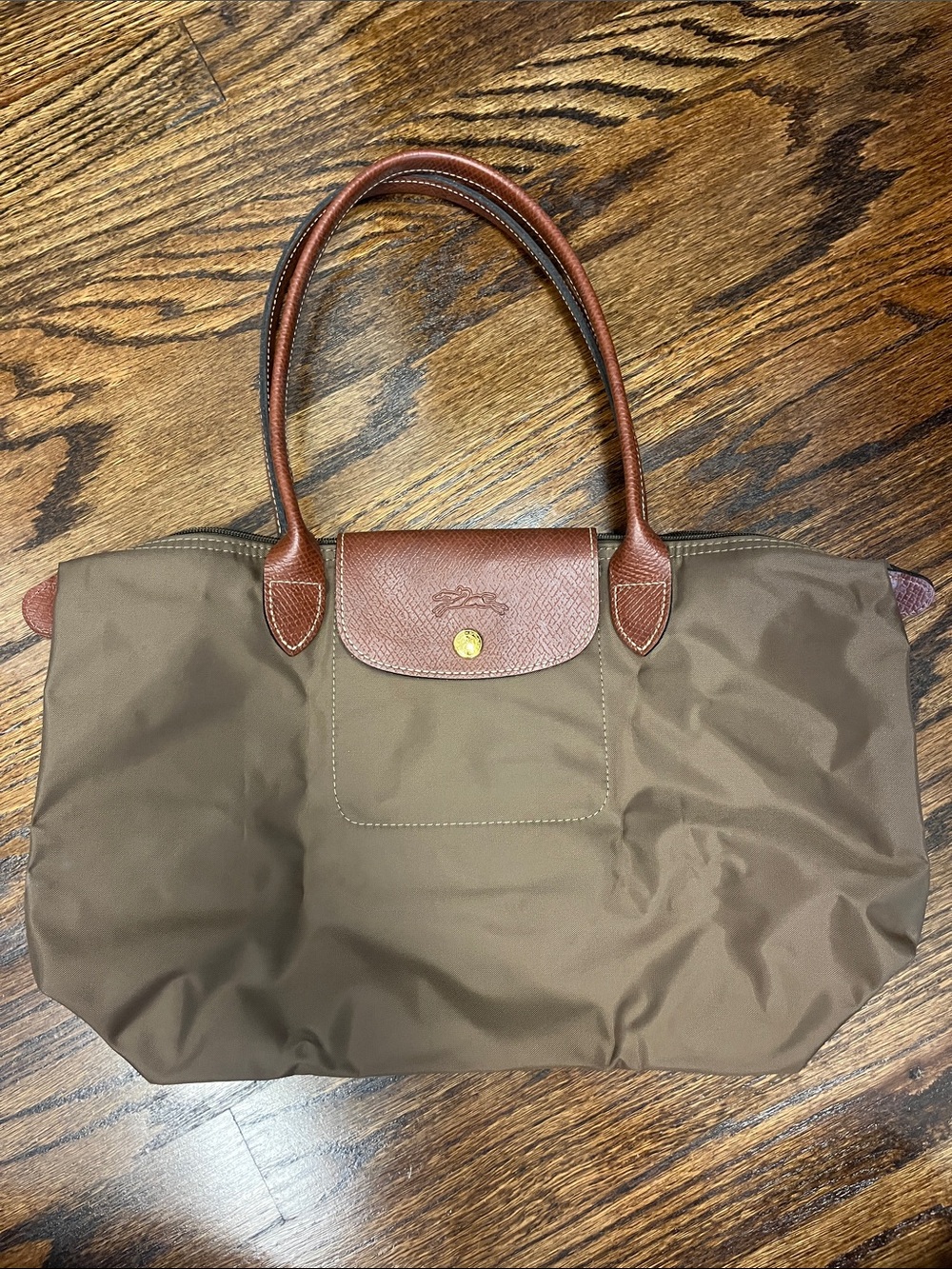 Longchamp Small Tote in Olive Green with Tan Leather Trim